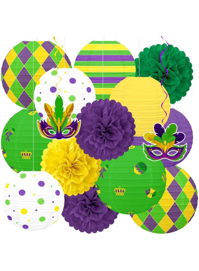 Renbuzhu 15 Pcs Mardi Gras Hanging Paper Lanterns Decorations - Honeycomb Balls Swirls Decor for Party Supplies Baby Shower Office Indoor Outdoor - Image 1
