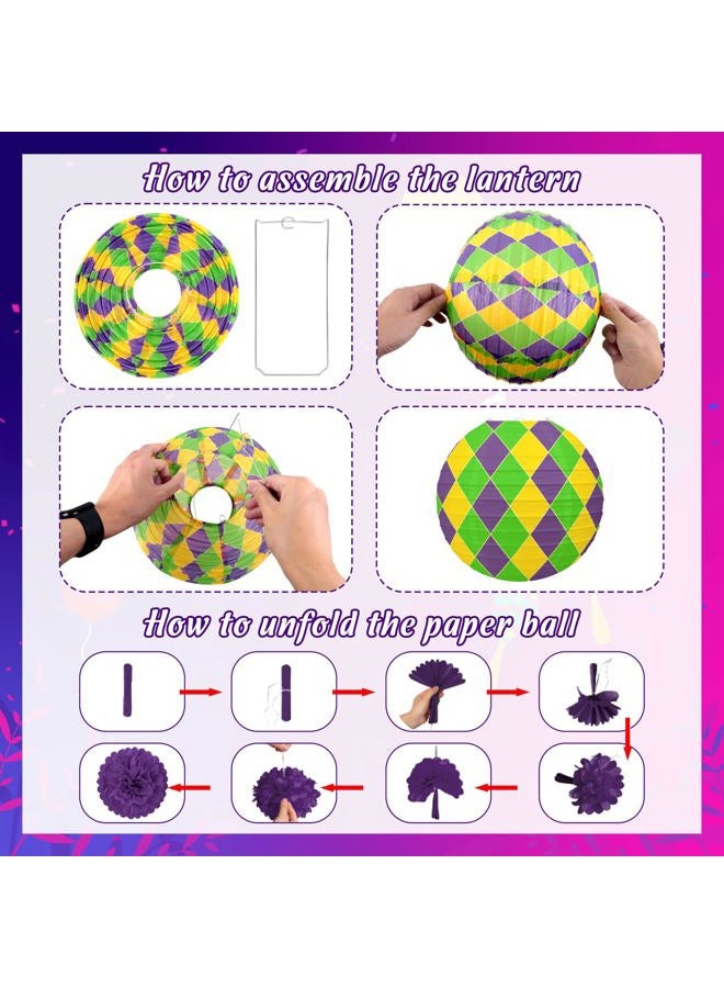 Renbuzhu 15 Pcs Mardi Gras Hanging Paper Lanterns Decorations - Honeycomb Balls Swirls Decor for Party Supplies Baby Shower Office Indoor Outdoor - Image 5