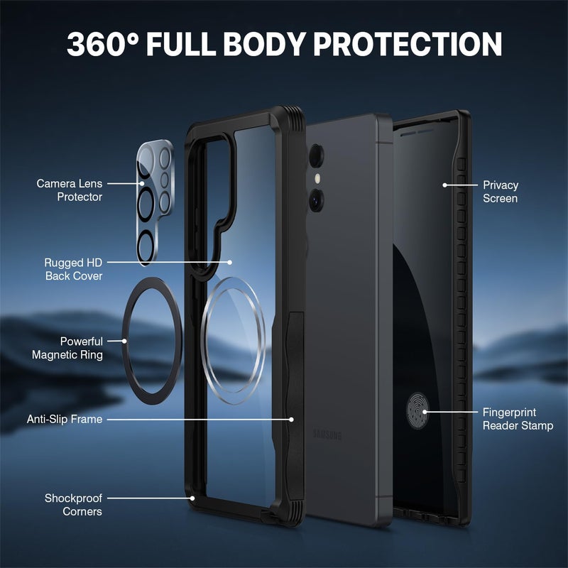 CENHUFO Magnetic Privacy for Samsung Galaxy S25 Ultra Case, Full Body Phone Case with Built-in 9H Tempered Glass Privacy Screen Protector and Camera Lens Cover, Shockproof Protective Bumper -Black - Image 3