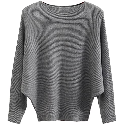 Ckikiou Womens Lightweight Oversized Boat Neck Sweaters Tops Dolman Batwing Sleeve Ribbed Knitted Pullovers Gray - Image 1