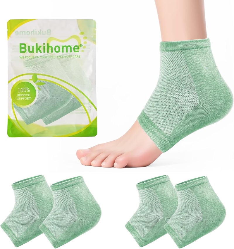 Bukihome Cracked Heel Treatment Moisturizing Socks for Women Men Foot Callus Remover Gel Heel SocksToe Open Socks Relieve Heel Pain Green2 Pairs