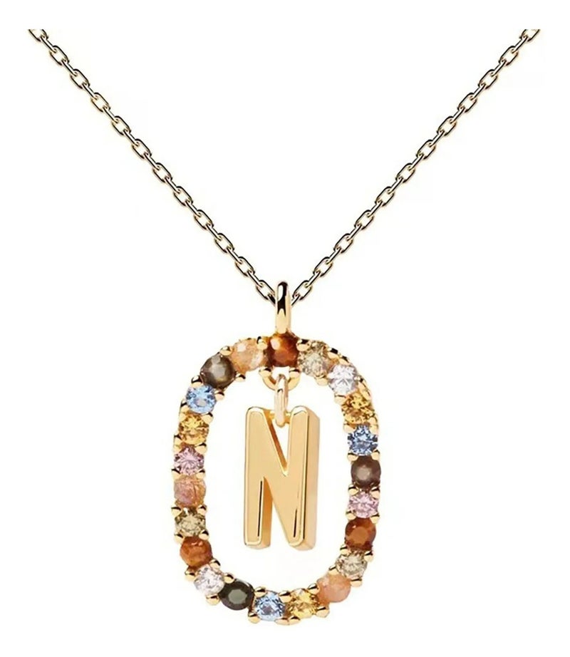 سلسلة أستانليس ستيل ذهبي مع دلاية مرصعة بفصوص الزيركون حرف N