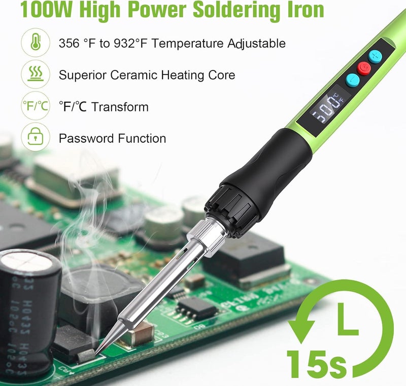Q-MING Soldering Iron Kit, 100W LED Digital Solder Gun kits with Ceramic Heater, Adjustable Temperature Welding Tools with Tips, Wick Braid, Stand, Solders Wire, Sponge, Flux Paste - Image 5