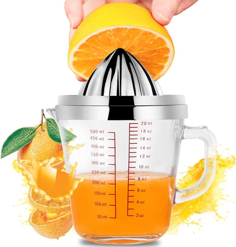 klarako Lemon Squeezer Citrus Orange Manual Juicer with 20oz Glass Measuring Cup and Stainless Steel AntiSlip Lid Rotation Reamer Lime Press - Image 1