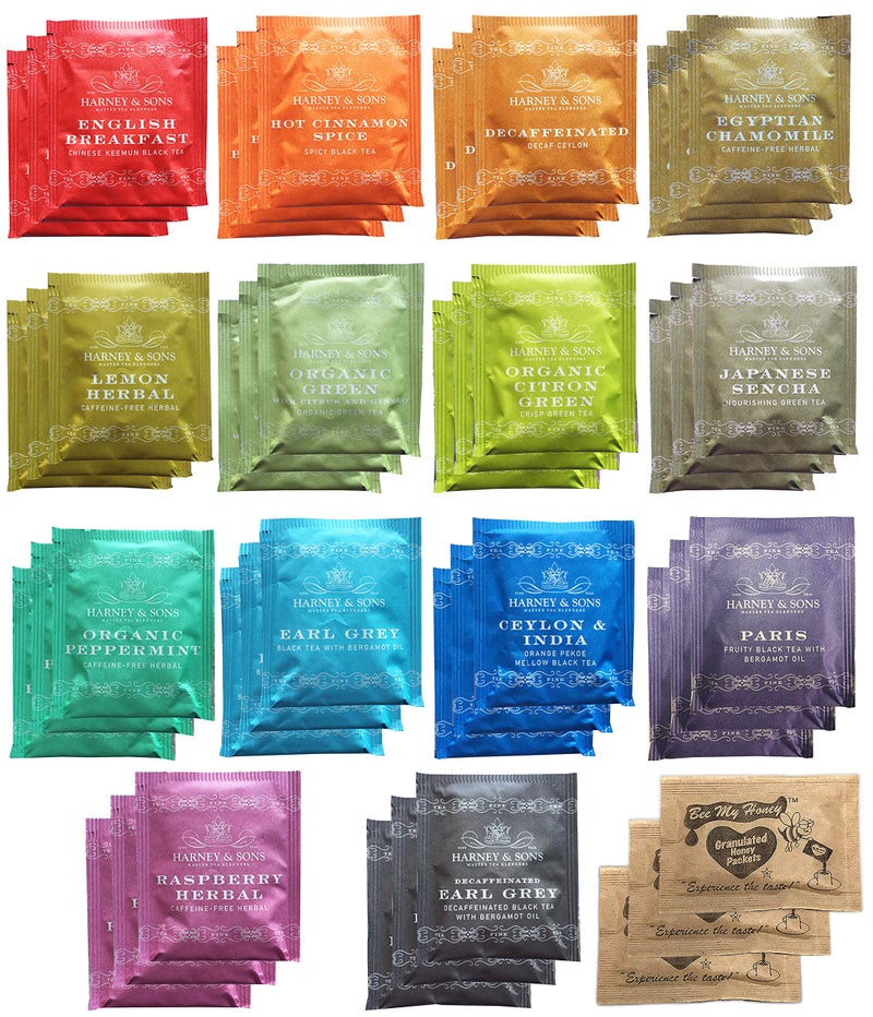 Harney & Sons Assorted Tea Bag Sampler Bundle 42 Count With Honey Crystal Packs Great for Birthday, Hostess and Co-worker Gifts, Tea Set Gifts, Tea Variety Pack