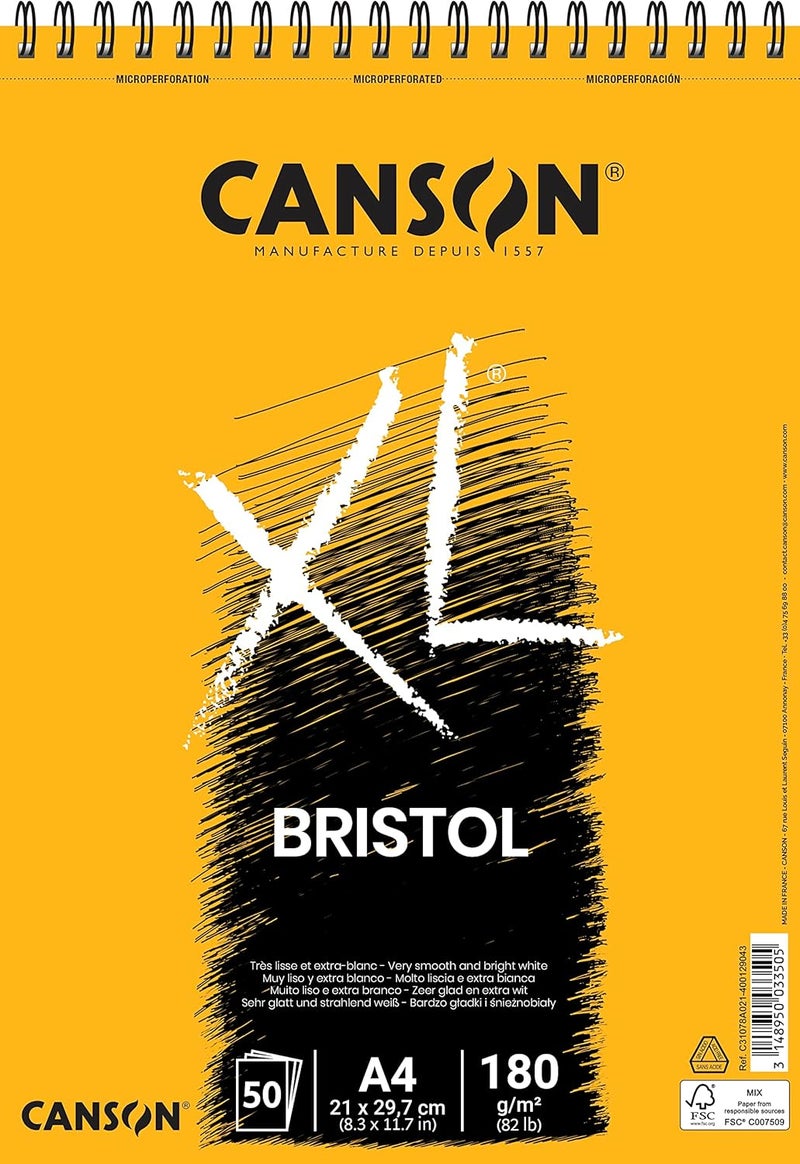 CANSON CANSON XL Bristol 180gsm A4 Paper Very Smooth Spiral Pad Short Side 50 Extra White Sheets Ideal for Professional Artists  Illustrators  - Image 1