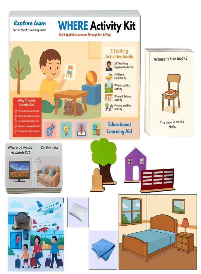 Exploralearn WH Series - Where Kit | 5 Activity Box with Wooden Puzzles, Flashcards, Pretend Play, Sorting & Matching | Autism & Speech Friendly | Age 4+ | Indian Context Learning - Image 1