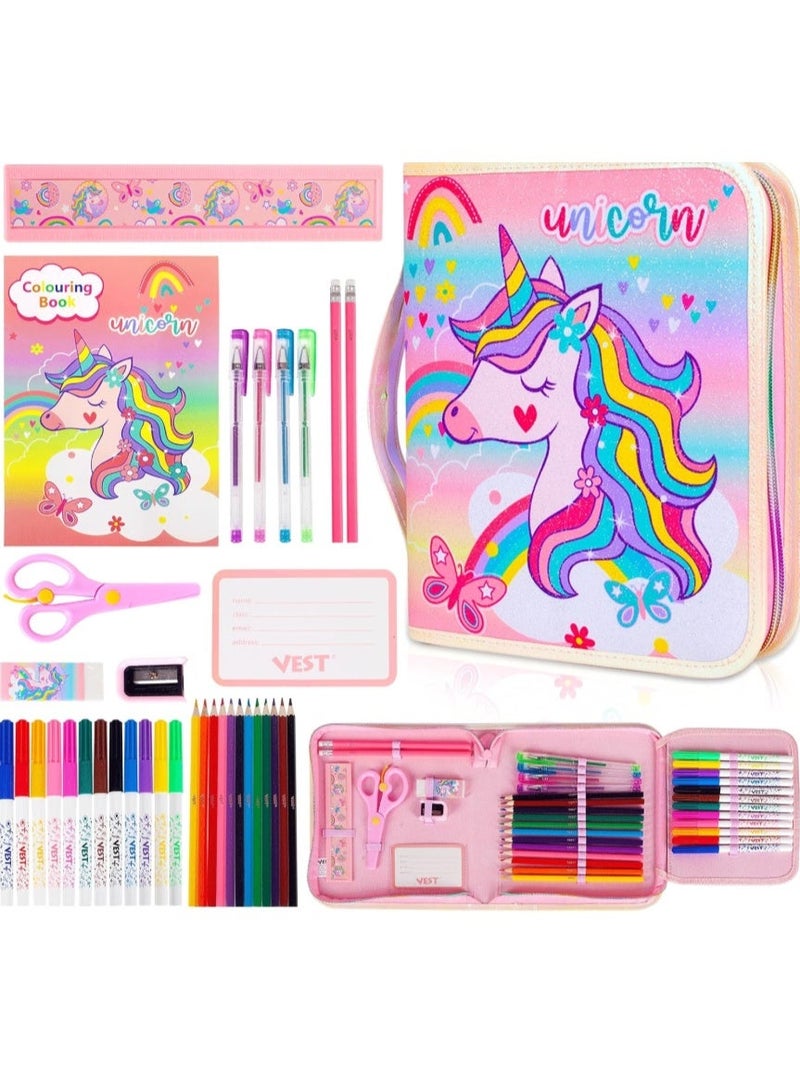 VEST Kids Painting Stationery Set 20×25×3.5cm for Children Graffiti Art Creation Painting Enlightenment Daily Writing Dreamy Unicorn Cartoon Pattern Portable Zipper Full Painting Stationery Gift Box Colored Pencils Creative Markers Pen Multicolour notebook stationery set - Image 1