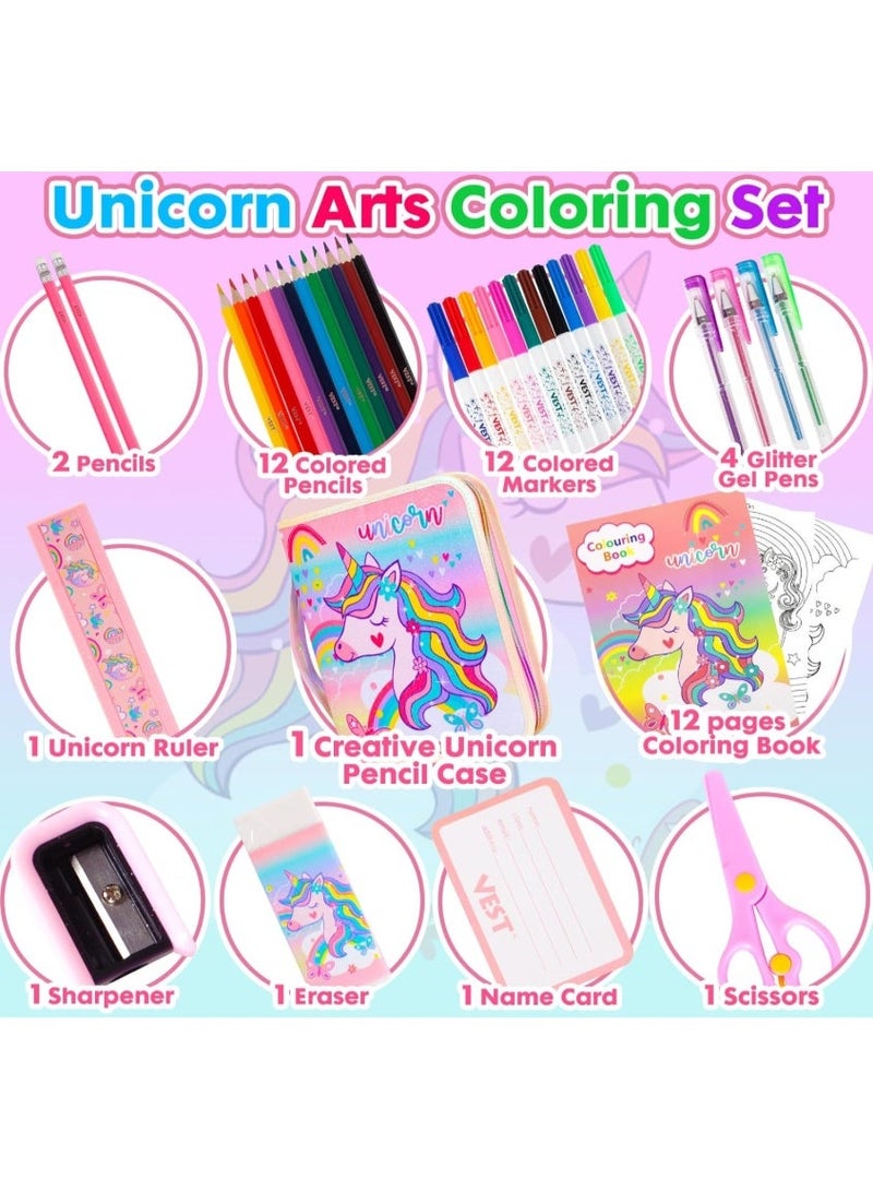VEST Kids Painting Stationery Set 20×25×3.5cm for Children Graffiti Art Creation Painting Enlightenment Daily Writing Dreamy Unicorn Cartoon Pattern Portable Zipper Full Painting Stationery Gift Box Colored Pencils Creative Markers Pen Multicolour notebook stationery set - Image 2