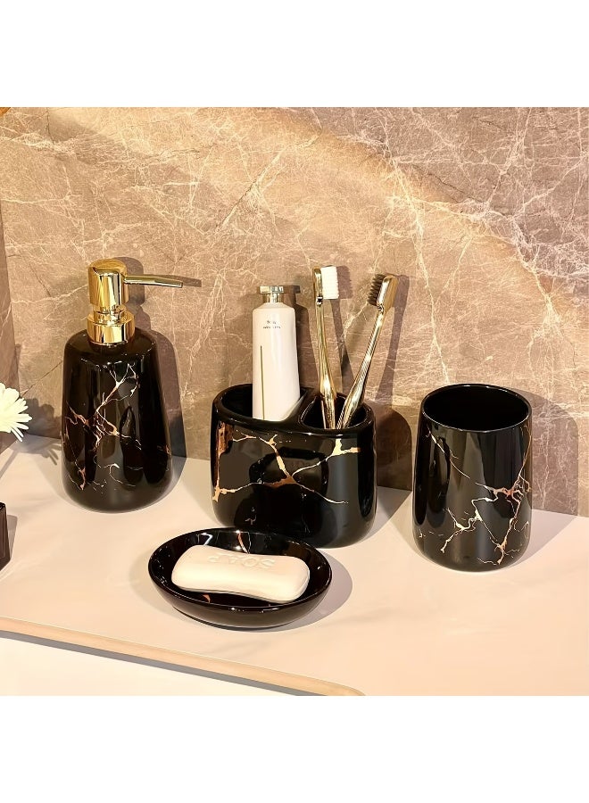 4pcs Bathroom Ceramic Marble Pattern 4pcs Set, Including Soap Dispenser, Mouthwash Cup, Soap Dish, Toothbrush Holder