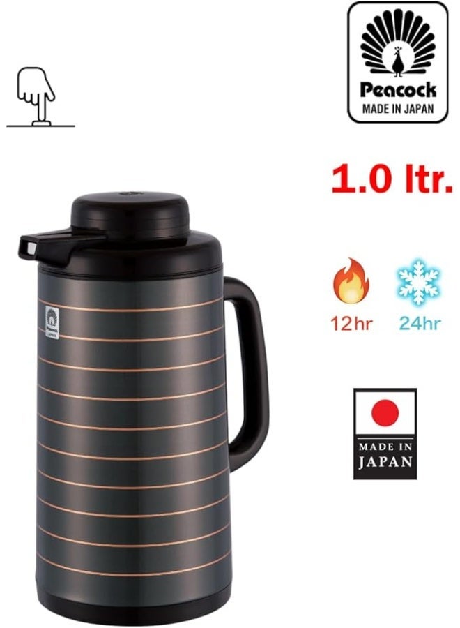 بيكوك ترمس بيكوك ستانلس ستيل سعة 1 لتر – مصنوع في اليابان، مزدوج الجدار لحفظ الحرارة والبرودة، محكم الإغلاق ومتين (أسود بخطوط ذهبية) - Image 2
