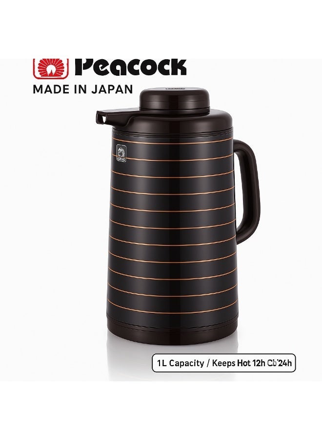 بيكوك ترمس بيكوك ستانلس ستيل سعة 1 لتر – مصنوع في اليابان، مزدوج الجدار لحفظ الحرارة والبرودة، محكم الإغلاق ومتين (أسود بخطوط ذهبية) - Image 1