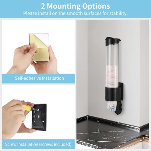 BATTIPAW Disposable Paper Cup Dispenser, Pull Type Wall Mount Cup Holder for Water Cooler, Plastic Cup Organizer with Adhesive Plate & Screws for Home, Office, Hospital, Fit 5oz-7oz Cups - Image 3