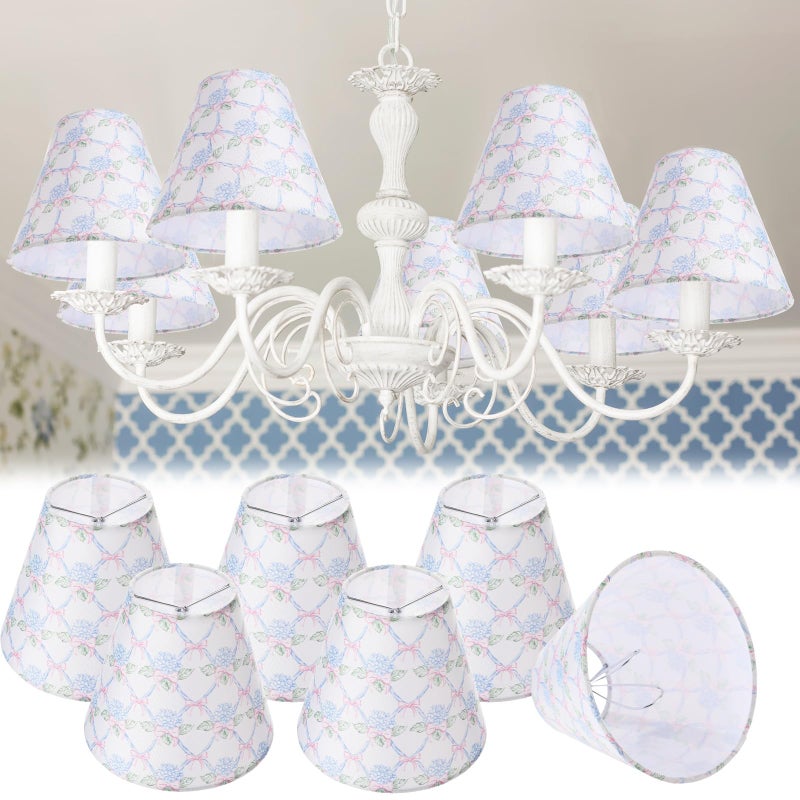 VIHOSE 6 Pcs Chandelier Lamp Shades Small Lamp Shade 3 Top x 6 Bottom x 5 Slant French Countryside Toile Clip on Lampshade for Wall Sconces Pendant LightingHydrangea BowPink and Blue - Image 2