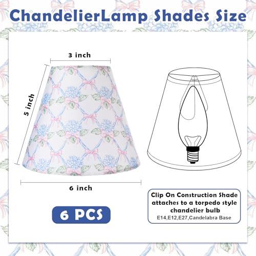 VIHOSE 6 Pcs Chandelier Lamp Shades Small Lamp Shade 3 Top x 6 Bottom x 5 Slant French Countryside Toile Clip on Lampshade for Wall Sconces Pendant LightingHydrangea BowPink and Blue - Image 3