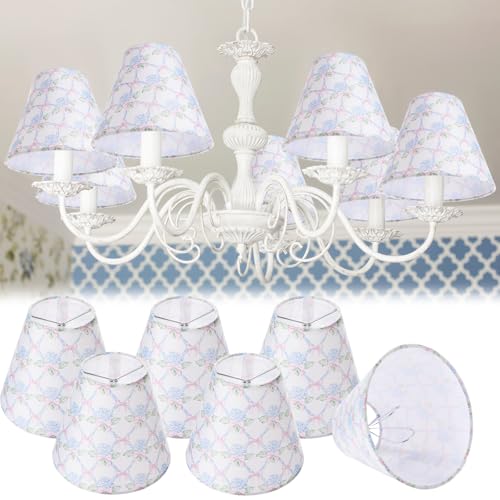 VIHOSE 6 Pcs Chandelier Lamp Shades Small Lamp Shade 3 Top x 6 Bottom x 5 Slant French Countryside Toile Clip on Lampshade for Wall Sconces Pendant LightingHydrangea BowPink and Blue - Image 1