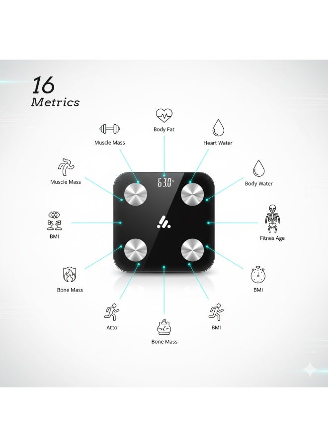 اكتيف فيت ميزان ذكي مزوّد بتقنية البلوتوث، 16 قياسًا، الوزن/دهون الجسم/مؤشر كتلة الجسم – أسود - Image 3