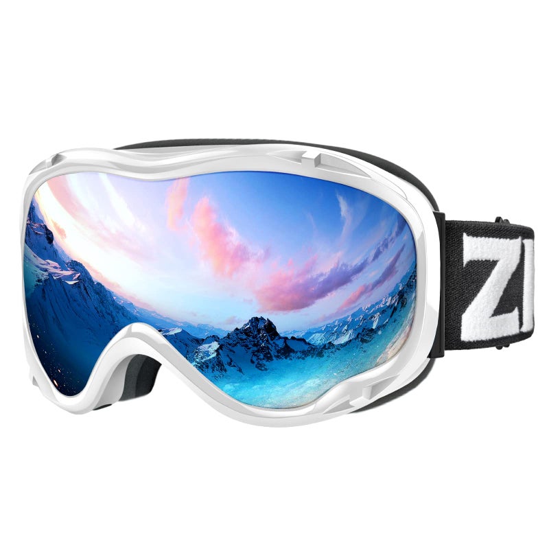 ZIONOR Lagopus Ski Snowboard Goggles UV Protection Anti fog Snow Goggles for Men Women Adult Youth VLT 8.6% White Frame Silver Lens - Image 1