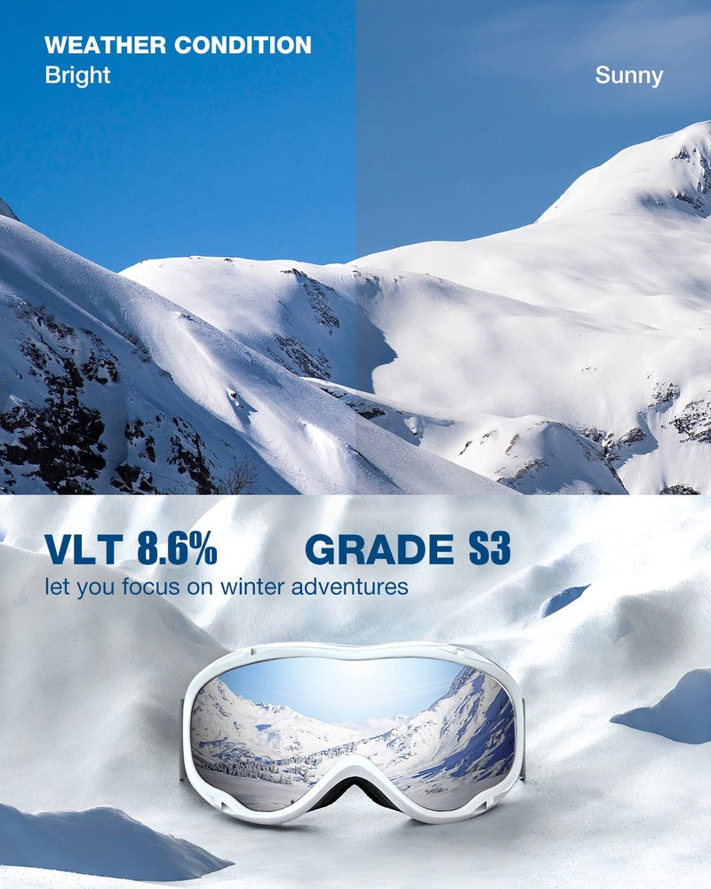 ZIONOR Lagopus Ski Snowboard Goggles UV Protection Anti fog Snow Goggles for Men Women Adult Youth VLT 8.6% White Frame Silver Lens - Image 2