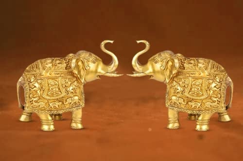 Artvarko Brass Elephant Pair 2 Pcs Ganesha Carving on Elephant Lucky Figurine Home Dcor Gifts Item Gold Color 7 H85 L 6 Kg