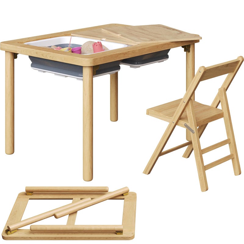 FUNLIO Foldable Wooden Sensory Table with 2 Bins & 1 Foldable Chair for Toddlers, Kids Sensory Table with Anti-Warping Plywood Lid, Indoor/Outdoor Play Sand and Water Set, CPC Certified - Image 1