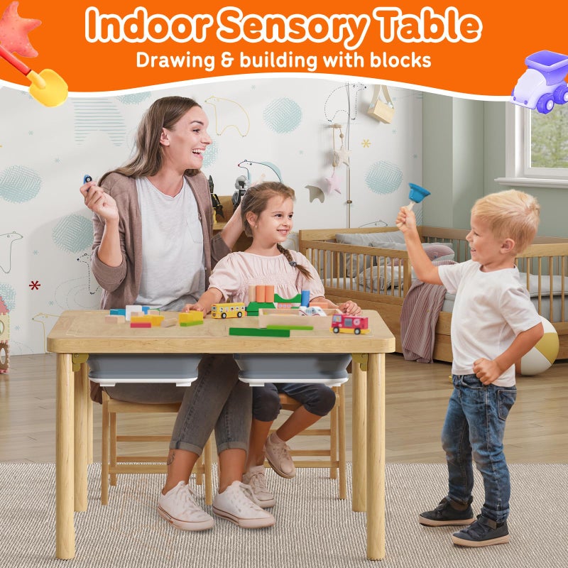 FUNLIO Foldable Wooden Sensory Table with 2 Bins & 1 Foldable Chair for Toddlers, Kids Sensory Table with Anti-Warping Plywood Lid, Indoor/Outdoor Play Sand and Water Set, CPC Certified - Image 3