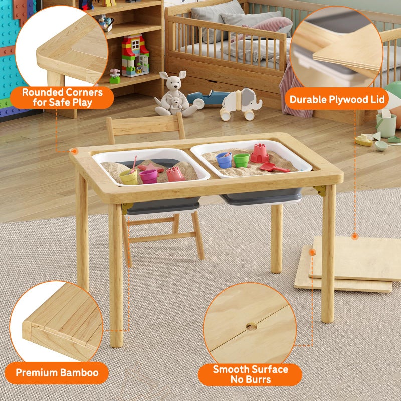 FUNLIO Foldable Wooden Sensory Table with 2 Bins & 1 Foldable Chair for Toddlers, Kids Sensory Table with Anti-Warping Plywood Lid, Indoor/Outdoor Play Sand and Water Set, CPC Certified - Image 5