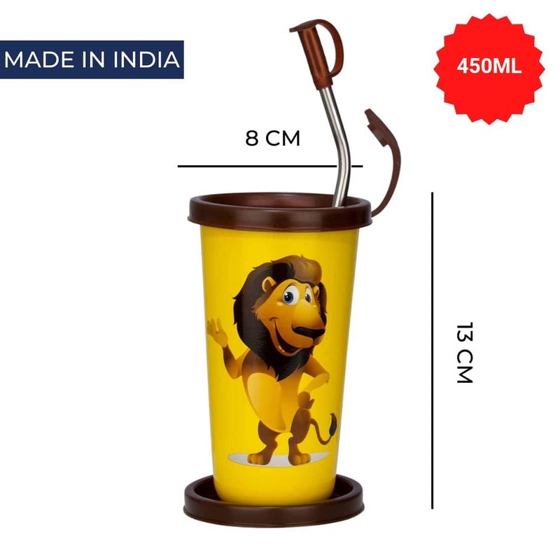 PddFalcon Stainless Steel Tumbler Lion Cartoon Print Steel Straw Glass CN2 450ml - Image 2
