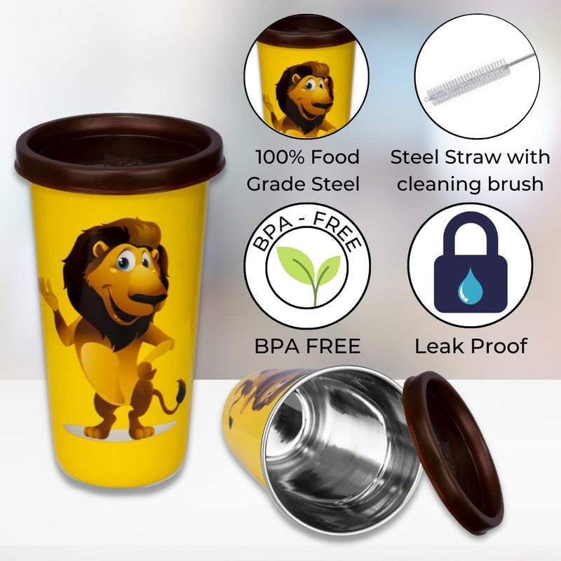 PddFalcon Stainless Steel Tumbler Lion Cartoon Print Steel Straw Glass CN2 450ml - Image 3
