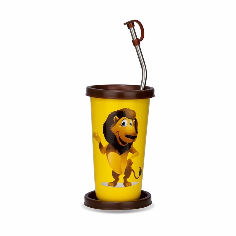 PddFalcon Stainless Steel Tumbler Lion Cartoon Print Steel Straw Glass CN2 450ml - Image 1