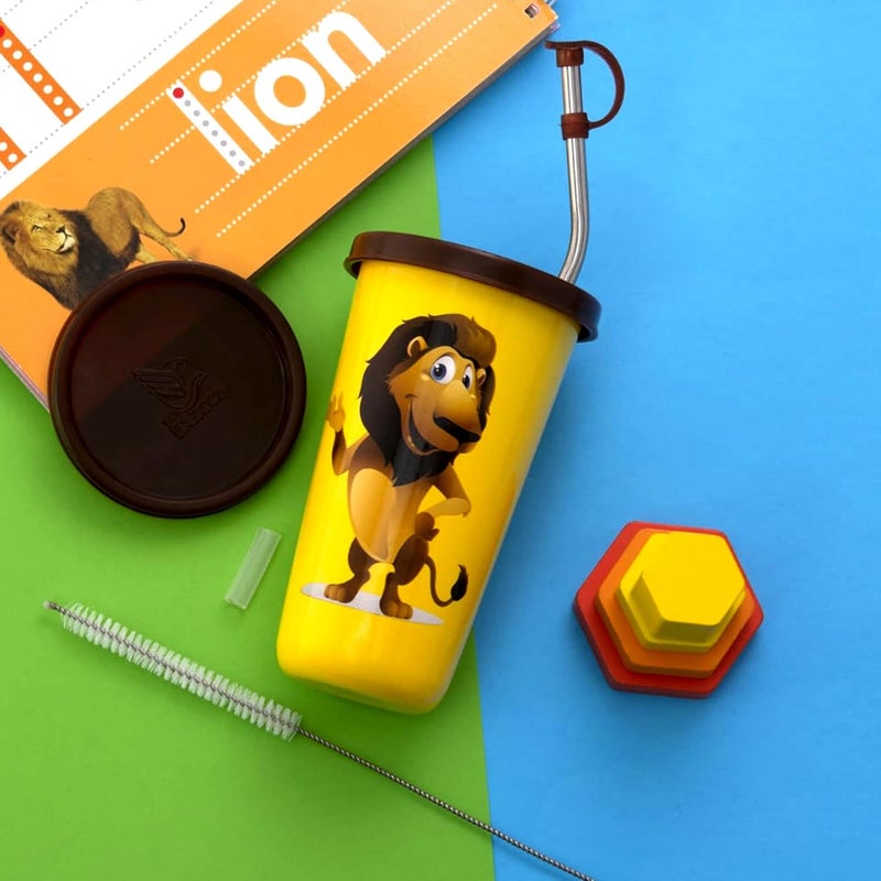 PddFalcon Stainless Steel Tumbler Lion Cartoon Print Steel Straw Glass CN2 450ml - Image 5