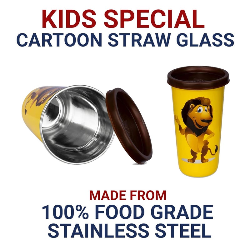 PddFalcon Stainless Steel Tumbler Lion Cartoon Print Steel Straw Glass CN2 450ml - Image 4