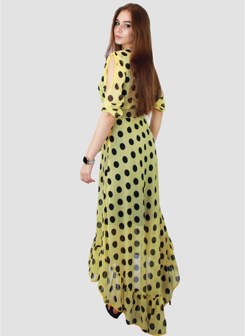 KIDWALA - Kidwala Women'S Wrap Long Polka Dots Print Ladies Yellow & Black Dress, Lantern Sleeves, Bottom Ruffled Design, Belted Maxi Wrap Dress, Surplice Neckline Night Dress - Image 1