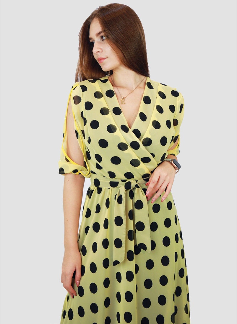 KIDWALA - Kidwala Women'S Wrap Long Polka Dots Print Ladies Yellow & Black Dress, Lantern Sleeves, Bottom Ruffled Design, Belted Maxi Wrap Dress, Surplice Neckline Night Dress - Image 1