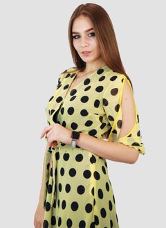 Kidwala Women'S Wrap Long Polka Dots Print Ladies Yellow & Black Dress, Lantern Sleeves, Bottom Ruffled Design, Belted Maxi Wrap Dress, Surplice Neckline Night Dress