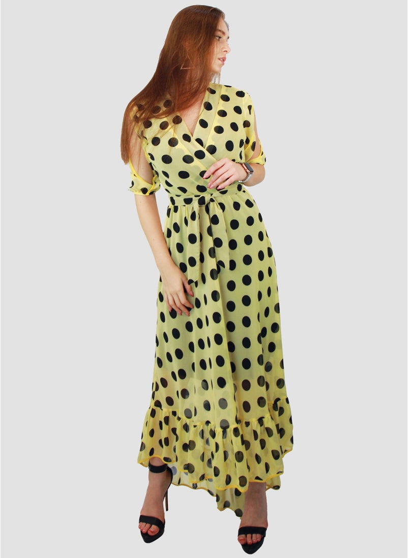 KIDWALA - Kidwala Women'S Wrap Long Polka Dots Print Ladies Yellow & Black Dress, Lantern Sleeves, Bottom Ruffled Design, Belted Maxi Wrap Dress, Surplice Neckline Night Dress - Image 1