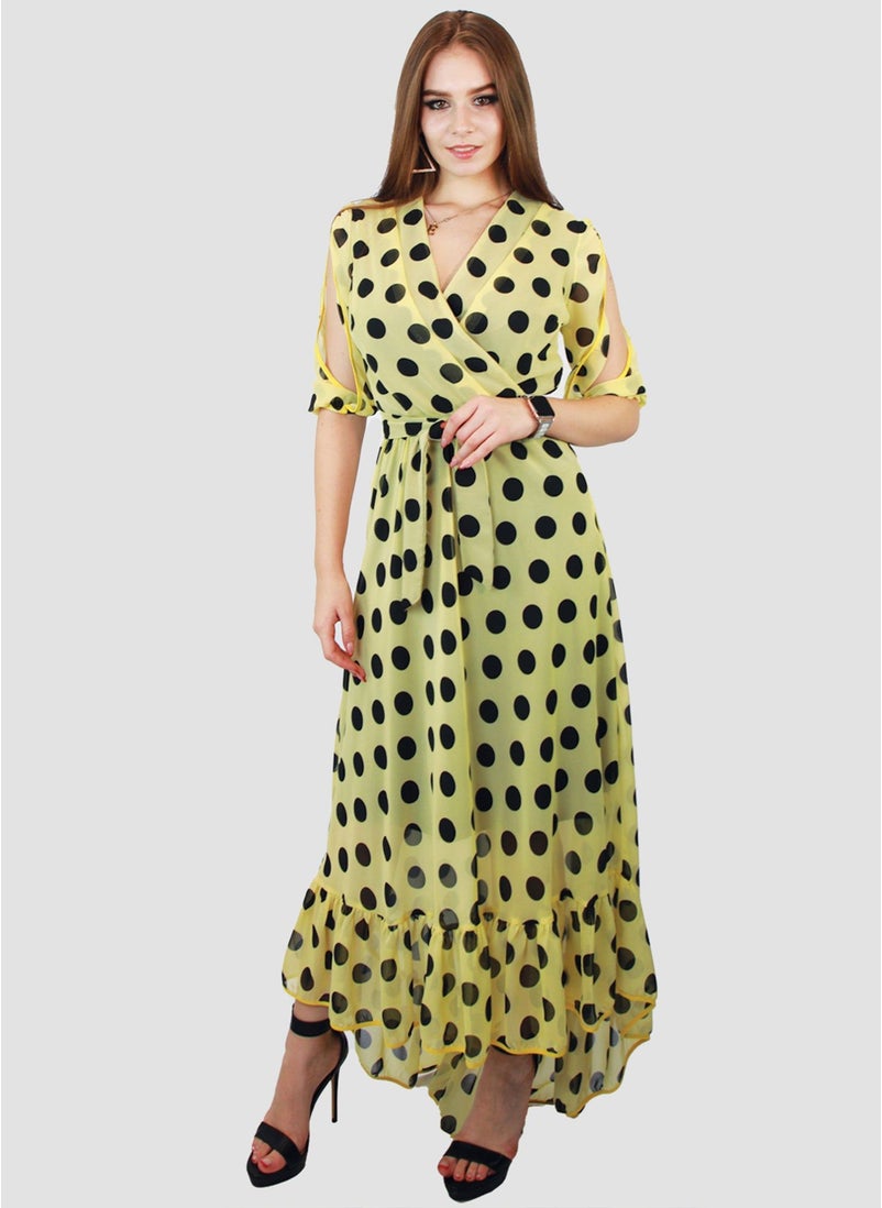 KIDWALA - Kidwala Women'S Wrap Long Polka Dots Print Ladies Yellow & Black Dress, Lantern Sleeves, Bottom Ruffled Design, Belted Maxi Wrap Dress, Surplice Neckline Night Dress - Image 1