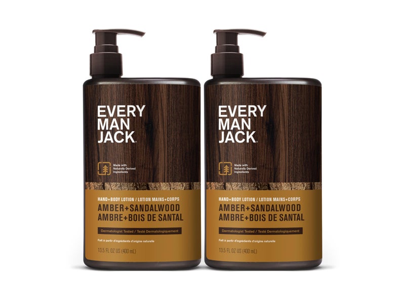 Every Man Jack Mens Amber  Sandalwood Hand  Body Lotion for All Skin Types  Dermatologist Tested  Hypoallergenic  Nourish Skin with Lightweight Fast Absorbing Lotion  135oz 2 Bottles