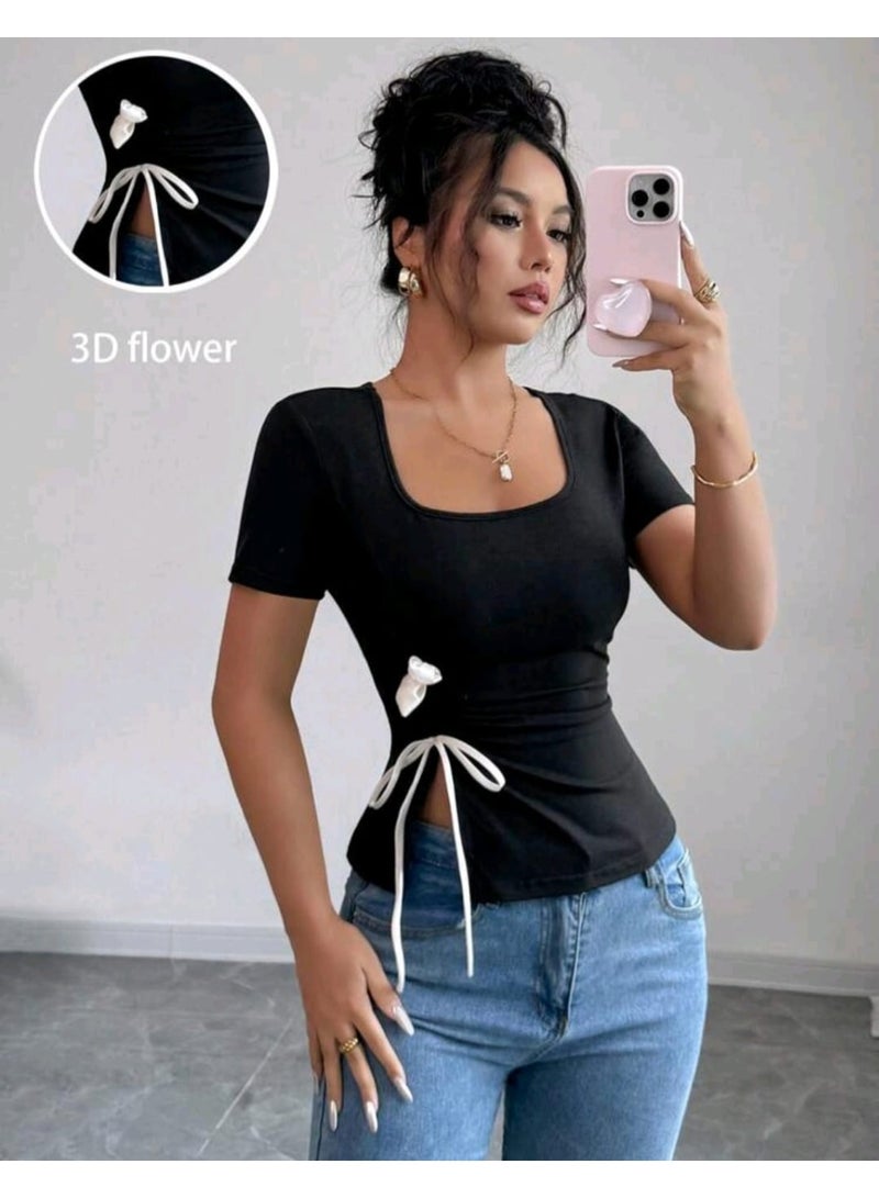 Shein Women's Square Neck Side Floral Tie String Design Elegant Blouse - Image 3