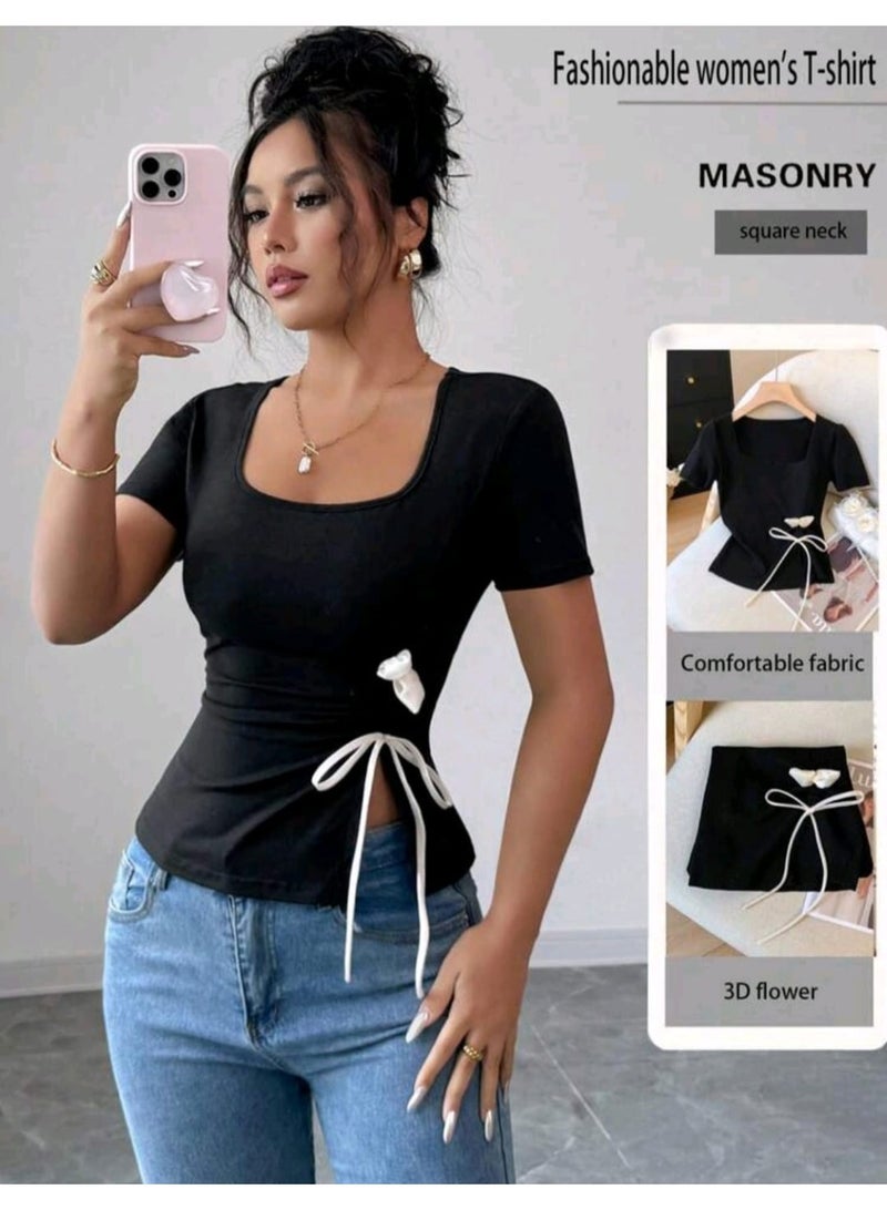 Shein Women's Square Neck Side Floral Tie String Design Elegant Blouse - Image 4