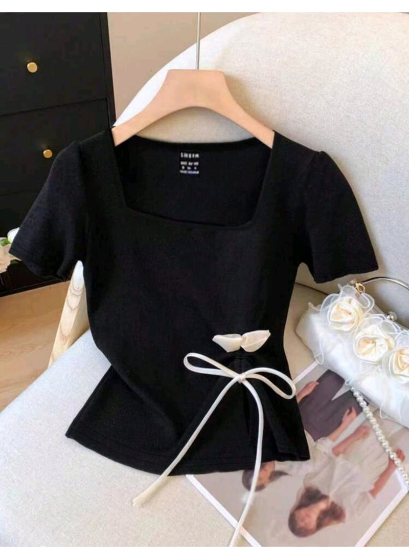 Shein Women's Square Neck Side Floral Tie String Design Elegant Blouse - Image 2