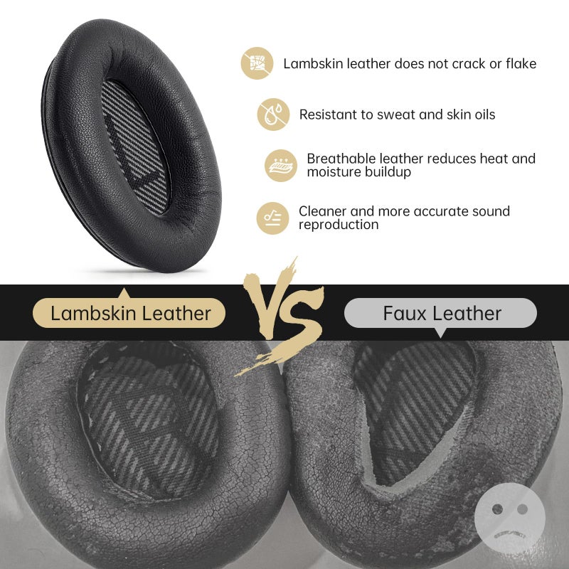 Aurivor Leather Ear-Pads Cushions for Bose QuietComfort QC-35 QC-35-ii QC-25 QC-15 QC-2 Headphones, Lambskin Replacement Ear Covers for Ae2/Ae2i/Ae2W SoundLink SoundTrue Around-Ear Headsets(Black) - Image 3