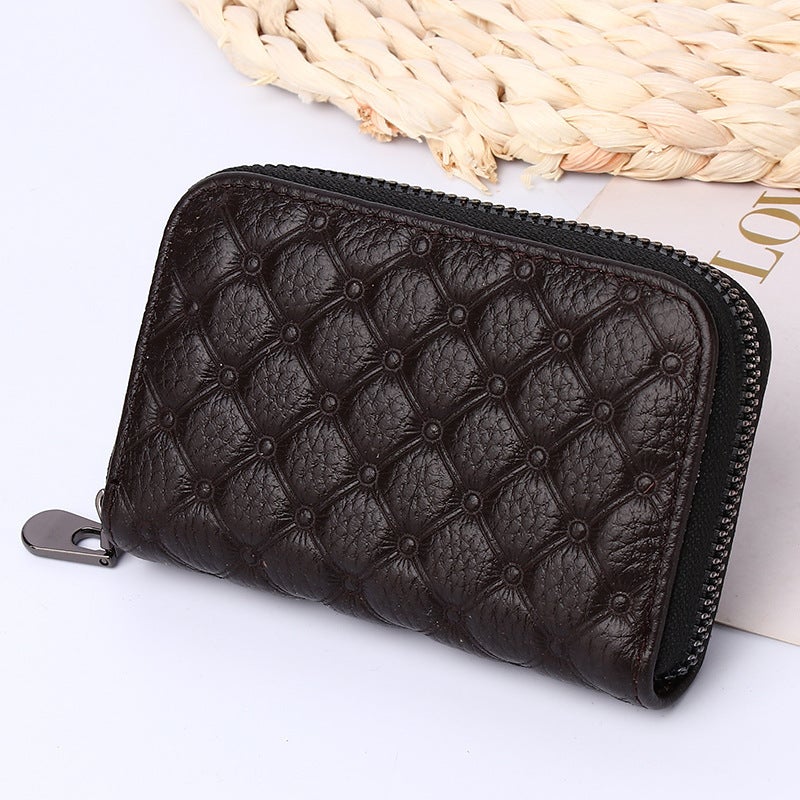 Genuine Leather Card Holder Unisex Slim RFID Blocking Wallet Plaid Coffee