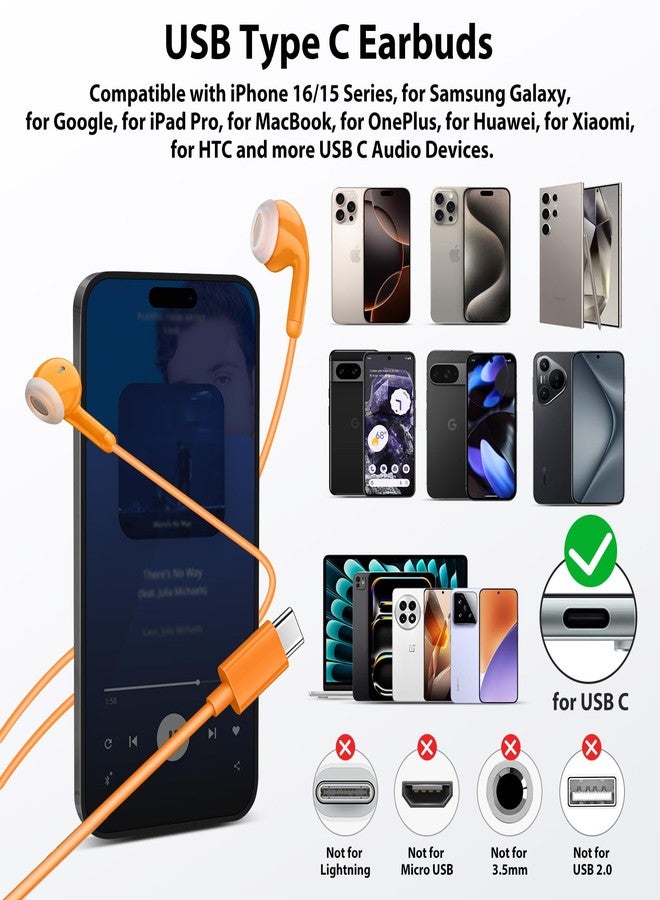 COOYA USB C Headphones HiFi Stereo In-Ear Wired Earbuds with Mic Volume Control Small Ear Kids Type-C Earphones for iPhone 17 16 Pro Max Earphones for Samsung Galaxy S25 S24 for Google Pixel 10 Orange - Image 2