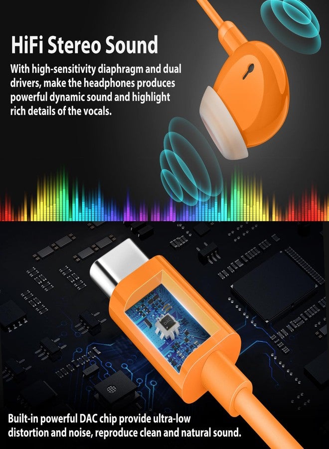 COOYA USB C Headphones HiFi Stereo In-Ear Wired Earbuds with Mic Volume Control Small Ear Kids Type-C Earphones for iPhone 17 16 Pro Max Earphones for Samsung Galaxy S25 S24 for Google Pixel 10 Orange - Image 3