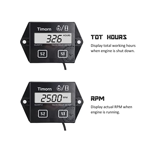 Timorn Tachometer for Small Engine,Inductive Hour Meter for 2 Stroke & 4 Stroke Small Engine, Timorn Replaceable Battery Waterproof Tachometer for Chainsaw Marine ATV Motorcycle UTV Engine (Black) - Image 2