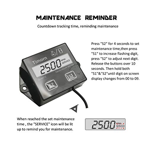 Timorn Tachometer for Small Engine,Inductive Hour Meter for 2 Stroke & 4 Stroke Small Engine, Timorn Replaceable Battery Waterproof Tachometer for Chainsaw Marine ATV Motorcycle UTV Engine (Black) - Image 3
