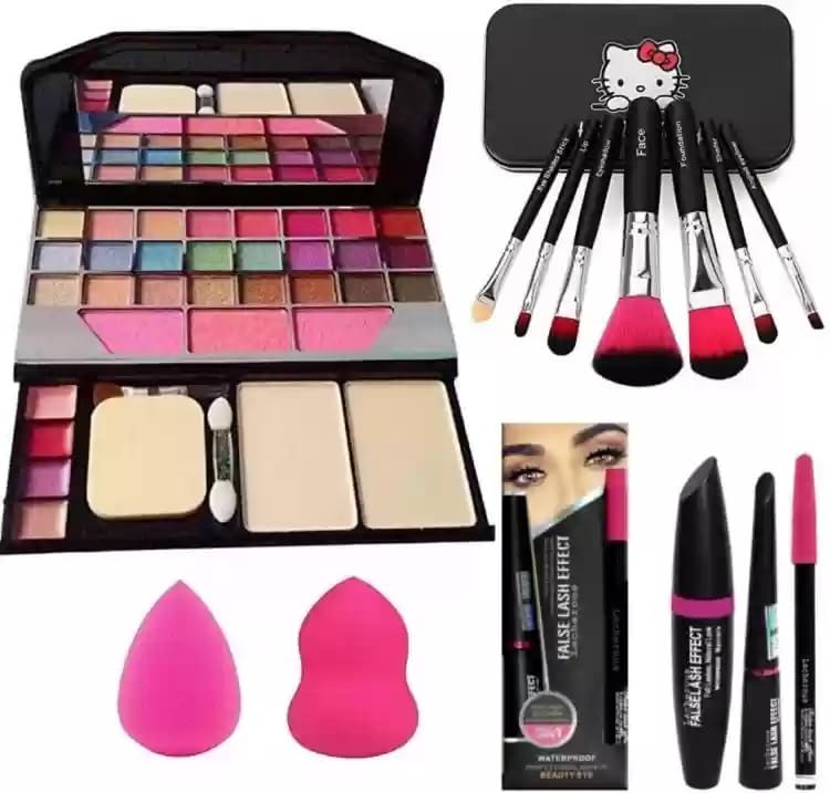 SKINPLUS 7pcs Makeup Brush set with Makeup Kit + 2 pc Blender Puff and 3IN1 (KAJAL+MASCARA+EYELINER) Combo (6 Items in the set) - Image 5