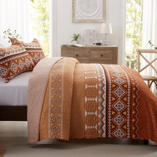 LEAONME 2 Pieces Twin Size Quilt Set Burnt Orange Rust Bohemian Bedspread Coverlet Lightweight Microfiber Bedding Set 68x86 Inch Bed Cover for All Seasons (1 Quilt, 1 Pillow Sham) - Image 3