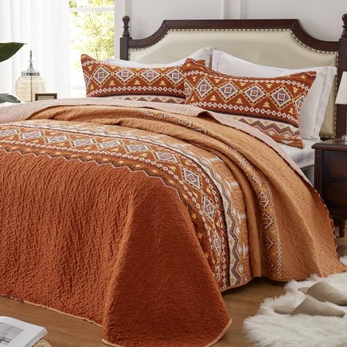 LEAONME 2 Pieces Twin Size Quilt Set Burnt Orange Rust Bohemian Bedspread Coverlet Lightweight Microfiber Bedding Set 68x86 Inch Bed Cover for All Seasons (1 Quilt, 1 Pillow Sham) - Image 1